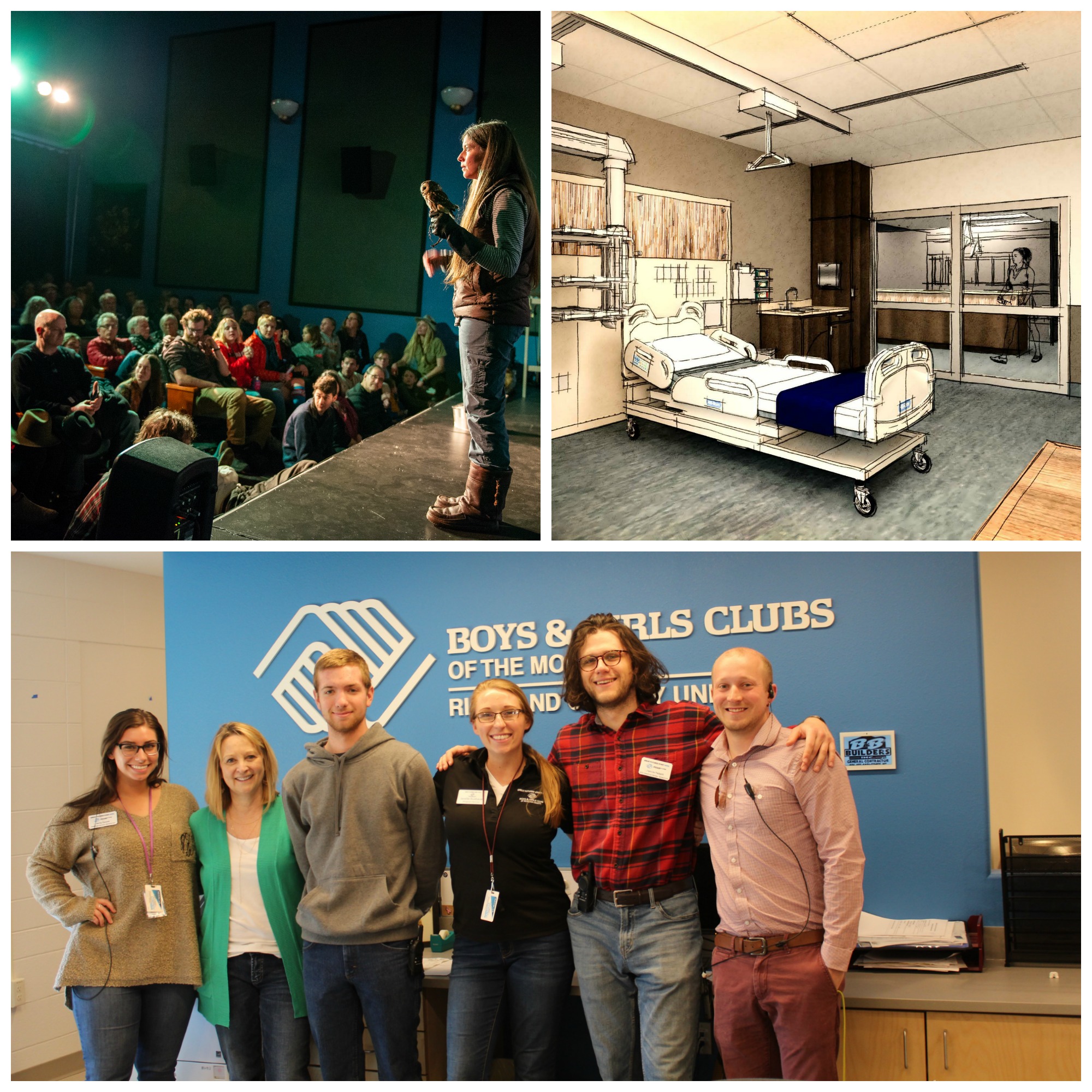 Image 1: a woman holding a small owl stands on stage while an audience looks at her. Image 2: a design sketch of a hospital room with a patient bed in the middle. Image 3: six young adults smile for the camera in front of a desk that says "Boys and Girls Clubs" behind it. 