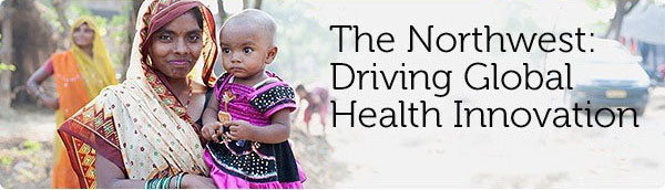 A woman hearing a head scarf holding a child in her arms. Text overlay says "The Northwest: Driving Global Health Innovation." 