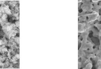 Two close-up photos of unsinterned and sintered nanoparticles. 