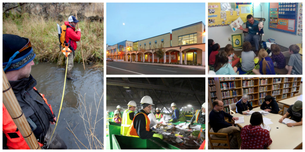 Image 1: two men stand in a river conducting measurements. Image 2: an outdoor shot of a row of buildings on a street. Image 3: people wearing hard hats on a construction site at night. Image 4: a man wearing a blue shirt reads a book to children in a classroom. Image 5: a group of people read books around a table in a library. 