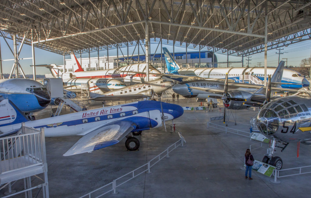 A number of aircrafts inside the Museum of Flight facility. 