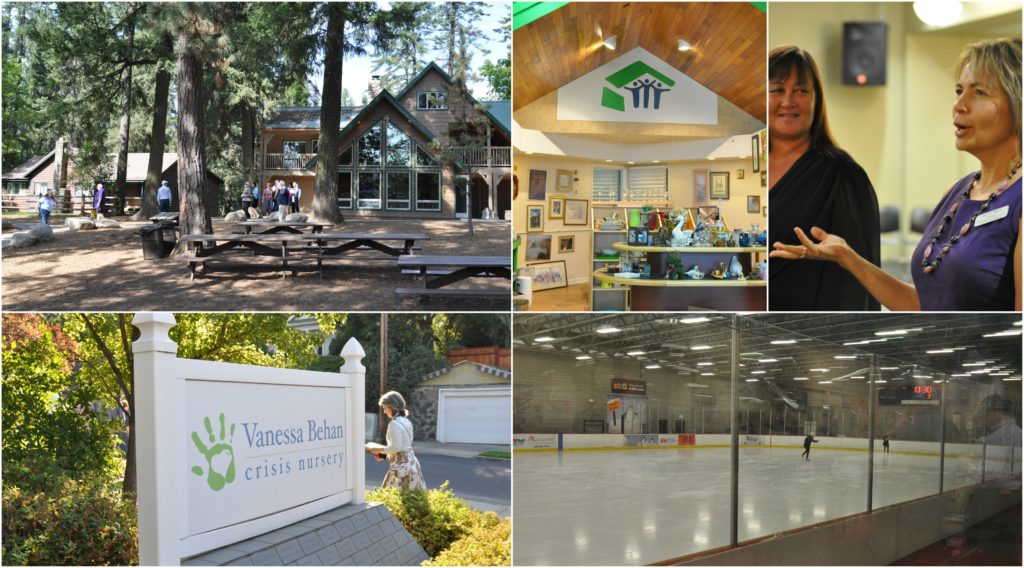 Image 1: a camp facility with several buildings, pine trees, and picnic tables outside. Image 2: a sign that says "Vanessa Behan Crisis Nursery" in front of trees. Image 3: inside a store with the logo for Habitat for Humanity overhead. Image 4: two women have a conversation inside a yellow room. Image 5: an ice rink with a single skater on it. 