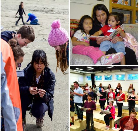 Image 1: a woman with straight black hair kneels on the sand while holding an object in her hand. Several youth look at what she is holding. Image 2: a woman with straight dark hair reads with two young children. Image 3: a group of people holding sheet music at choir practice.