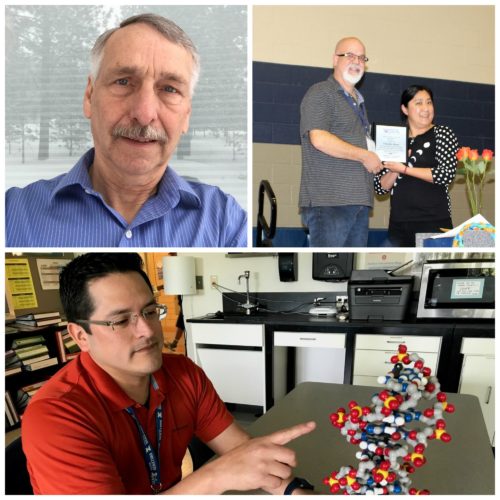Image 1: a man with white and gray hair and facial hair wearing a blue shirt looks at the camera with a window behind him. Image 2: a man with glasses and white facial hair wearing a gray shirt and jeans holds a certificate with a woman wearing a black and white polka dot shirt. Image 3: a man with dark hair wearing glasses and a red shirt points at a model formation of cells on a table. 