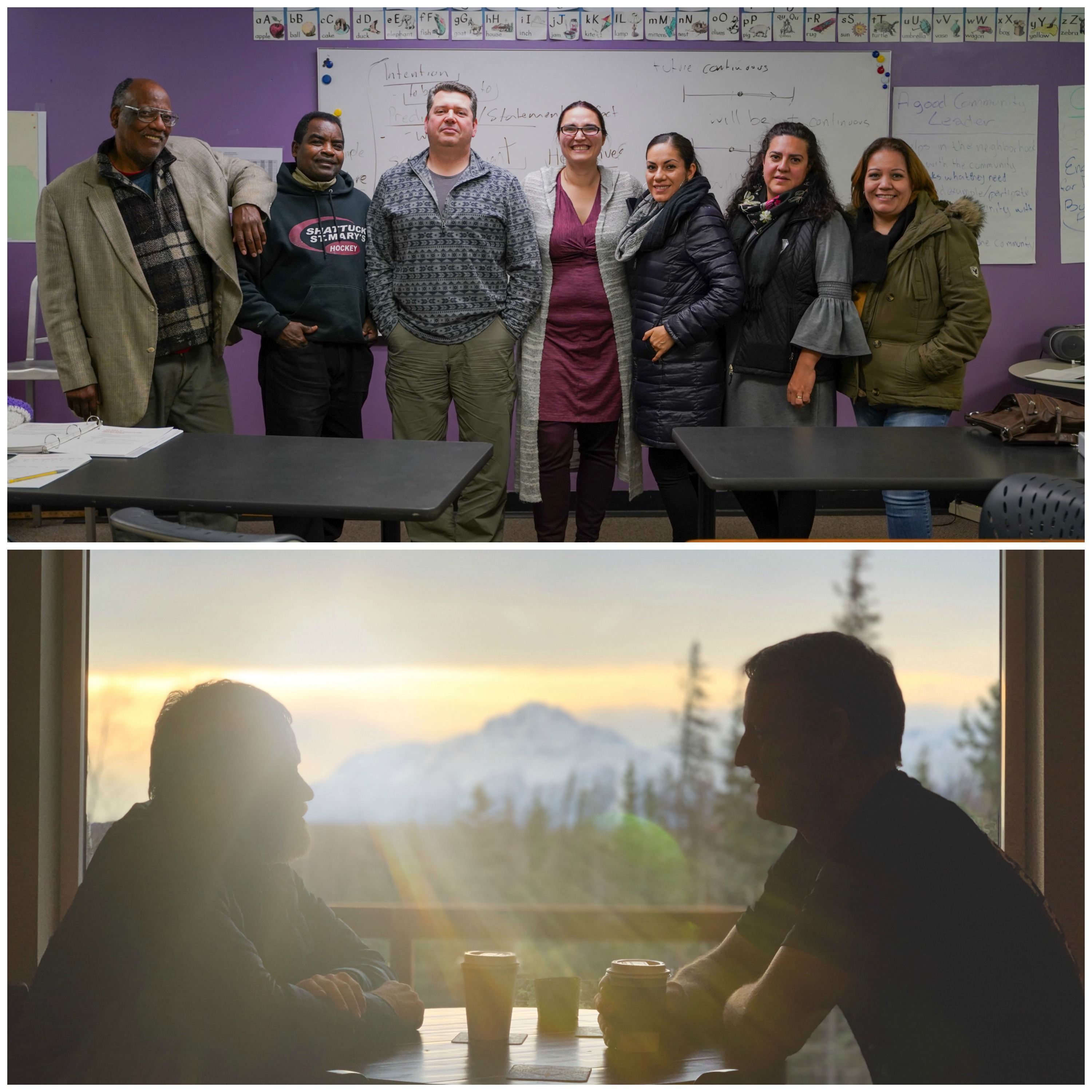 Image 1: seven adults stand in a classroom in a line and smile at the camera. Image 2: two men have a conversation over coffee at a table, with a window looking out on mountains behind them. 