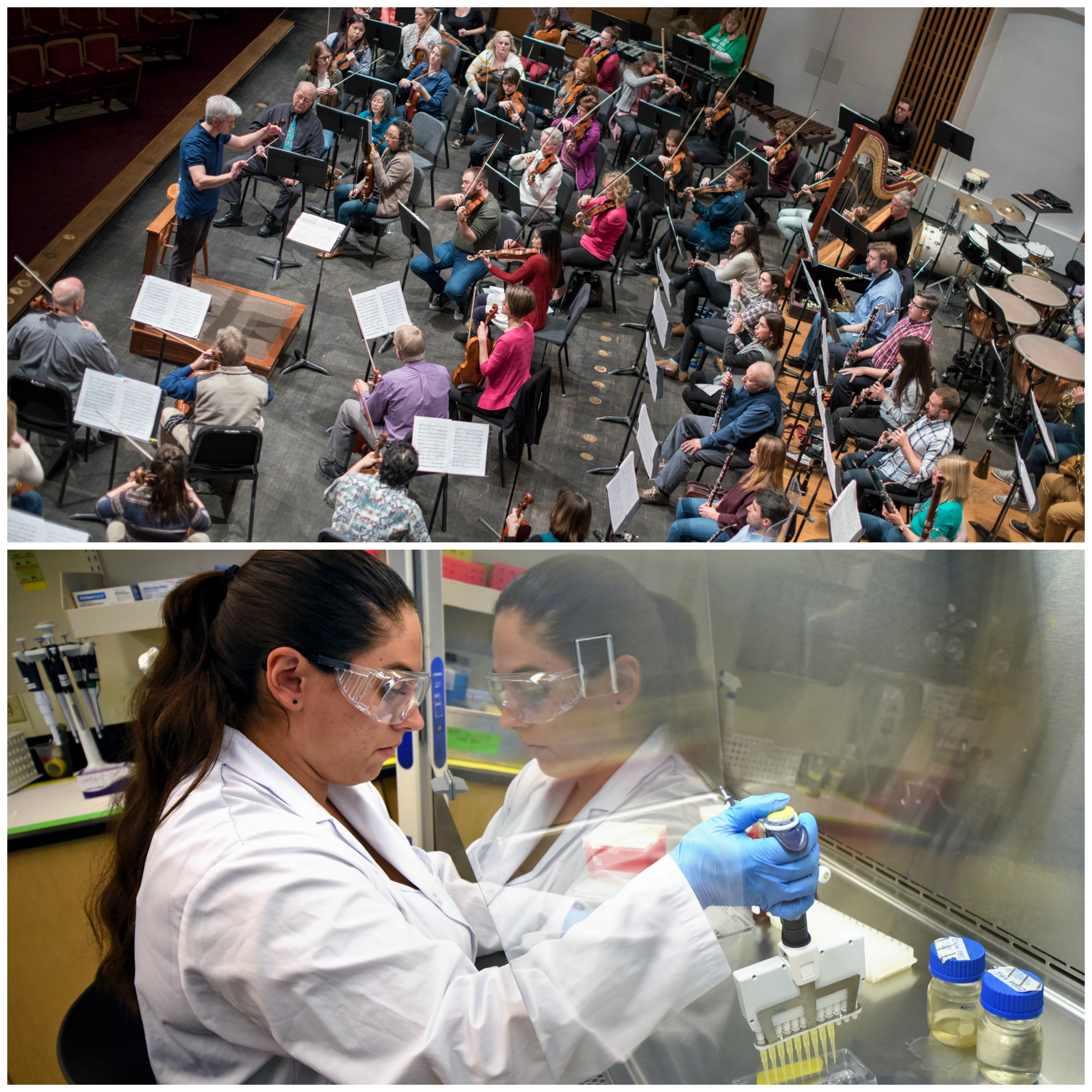 Image 1: an overhead shot of an orchestra practicing. Image 2: a female scientist with long dark hair wearing protective goggles and white scrubs holds a jar inside a laboratory. 