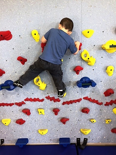 A young boy wearing black pants and a blue shirt has fun on an indoor climbing wall. 