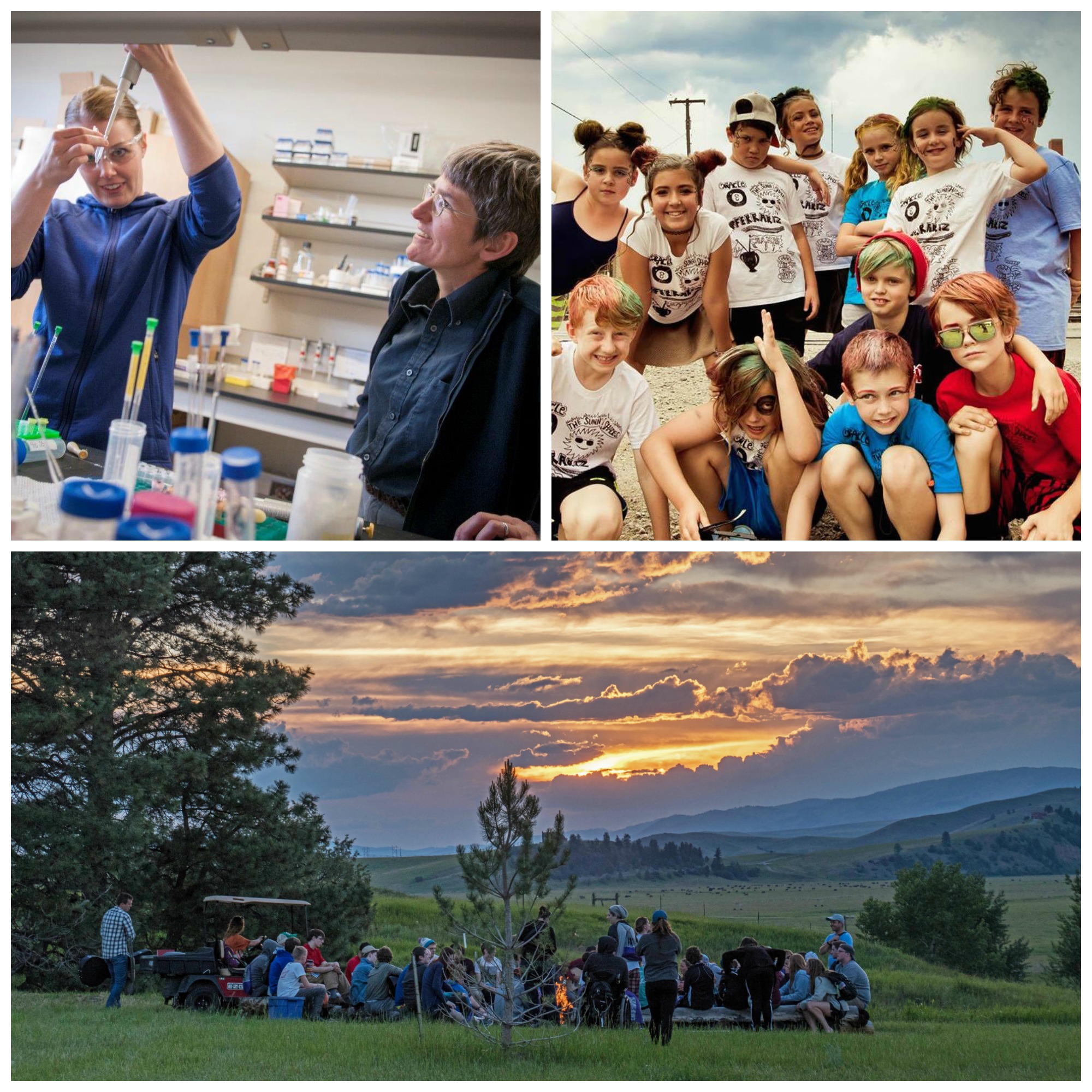 Image 1: two people in a lab perform a science experiment. Image 2: a group of children wearing camp t-shirts smile for the camera outside. Image 3: an outdoor shot of a group of people gathered around a campfire, with rolling hills, mountains, and a sunset behind them. 