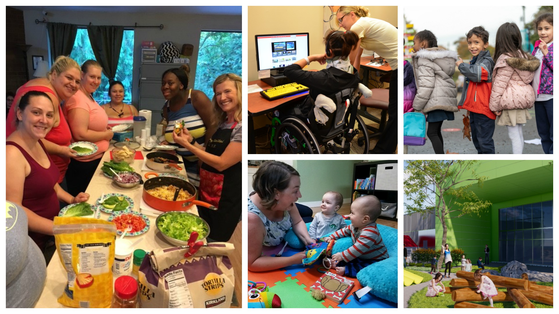 Image 1: a group of people fill their plates with food and smile at the camera. Image 2: a woman wearing a white t-shirt and glasses helps a young child in a wheelchair with something on the computer. Image 3: a young woman makes a happy face at two young babies sitting on blue cushions on a playmat. Image 4: five young children wearing coats line up oustide. Image 5: children play on a wooden log formation outside next to a green building. 