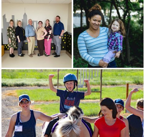 Image 1: six adults smile inside a room with a wall painted with a cityscape behind them. Image 2: a young woman with brown hair wearing a blue striped shirt holds a young girl wearing a pink, purple, and blue plaid shirt. Image 3: a young boy with braces wearing a blue helmet and blue shirt puts his hands in the air as he rides a horse. Several adults guide the horse next to him.