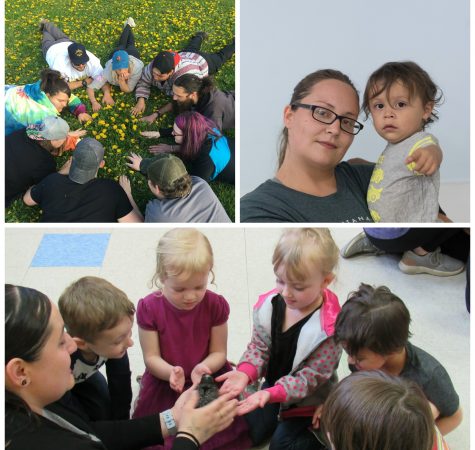 Image 1: a group of young adults lay in a circle on grass with small yellow flowers. Image 2: A woman with black glasses and a gray shirt looks at the camera while holding a young child wearing a gray and yellow shirt, who is pointing at the camera. Image 3: five young children hold out their hands to hold a young gray chick, with an adult assisting them. 