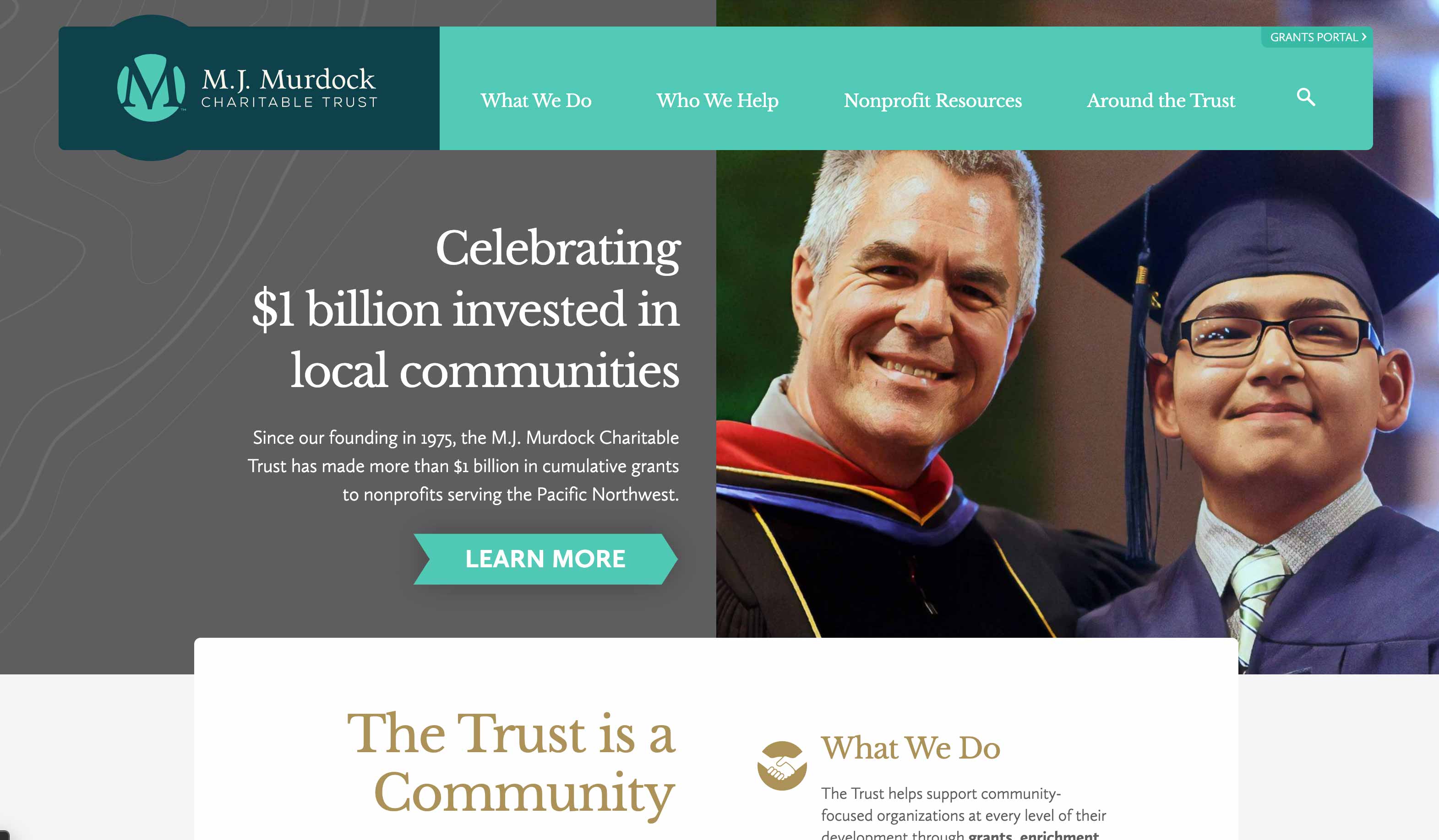 A screenshot of the M.J. Murdock Charitable Trust website, with prominent text that says "Celebrating $1 billion invested in local communities" next to a photo of a man smiling with a young man wearing a blue graduation cap and gown. 