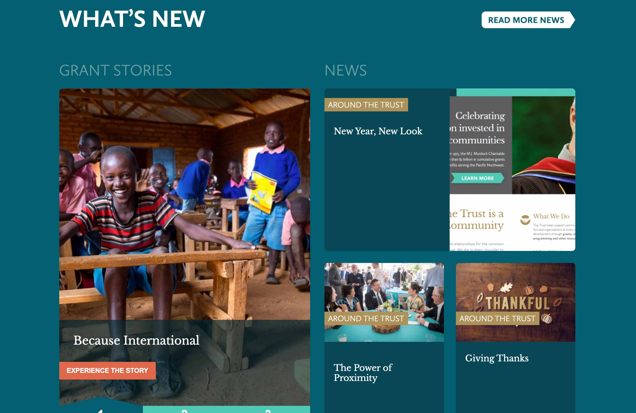A screen of the M.J. Murdock Charitable Trust website, with the words "WHAT'S NEW" above a section titled "Grant Stories" and another section titled "News". 