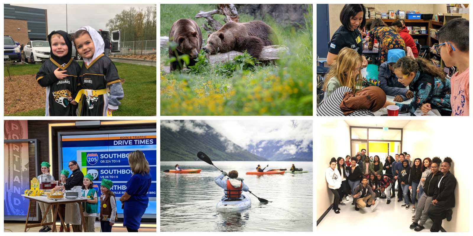 Image 1: two young boys wearing jerseys smile for the camera. Image 2: a group of Girl Scouts wearing green Girl Scout hats present their project on Live TV. Image 3: two brown bears on a log. Image 4: Four people canoe on a lake. Image 5: A group of young students and a teacher work on a project inside a classroom. Image 6: a large group of teenagers smile for the camera inside a hallway. 