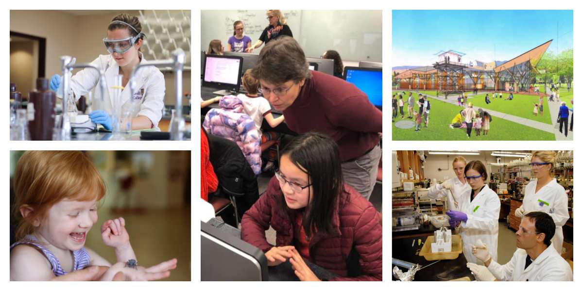Image 1: a woman wearing a white lab coat and protective goggles performs a science experiment. Image 2: a young girl holds laughs while holding a beetle in her hand. Image 3: an adult looks over a student's shoulder at a computer screen. Image 4: a sketch of a new Conservation Legacy Center. Image 5: four people wearing white lab coats and protective goggles work together in a lab. 
