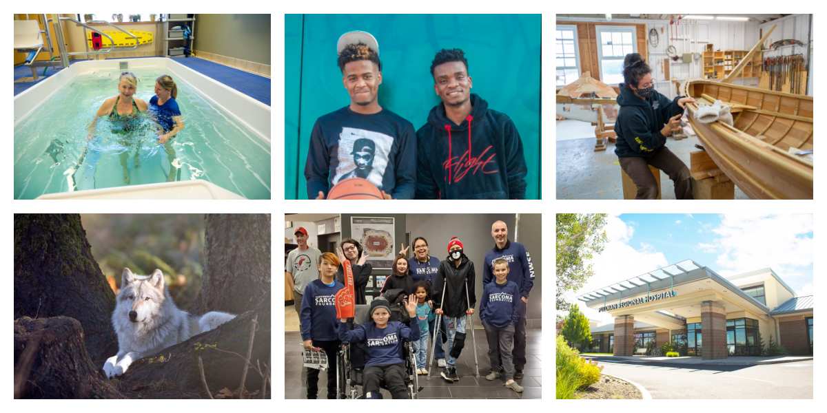 Image 1: two women stand in a swimming pool. Image 2: a wolf looks at the camera. Image 3: two young men smile for the camera in front of a blue wall. Image 4: a group of adults and children, some using crutches or wheelchairs, smile for the camera. Image 5: a young woman sanding wood on a wooden boat. Image 6: the entrance to Pullman Regional Hospital. 