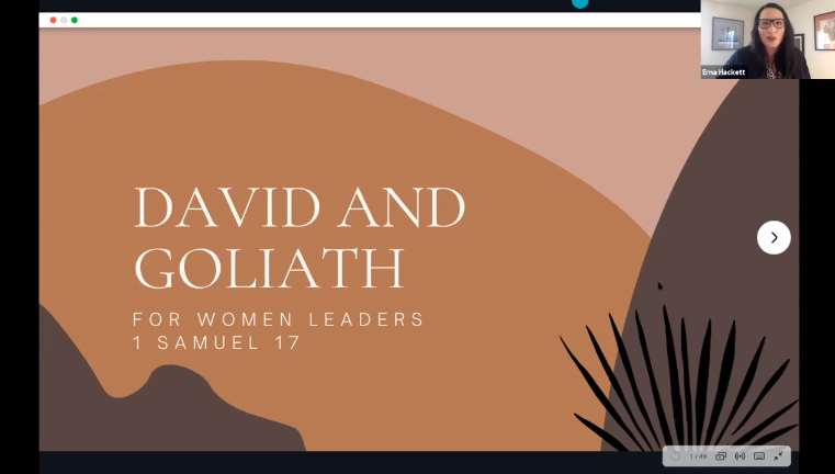 A Zoom screen shows a slideshow with the text "David and Goliath, For Women Leaders, 1 Samuel 17"