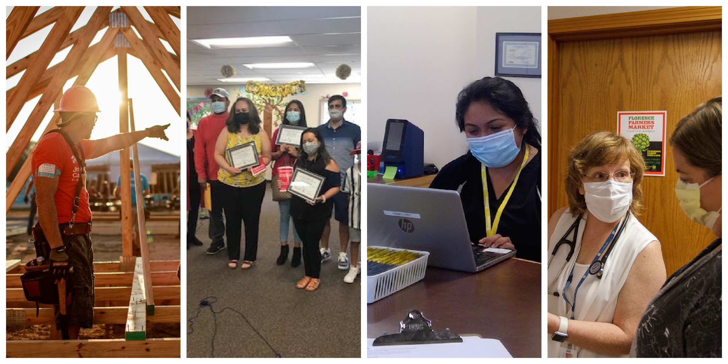 Image 1: a man wearing a hard hat points to something while standing in a construction site. Image 2: five adults hold certificates with a "Congrats" banner behind them. Image 3: a woman with dark hair wearing a mask works on a laptop. Image 4: a medical professional talks to a woman. 