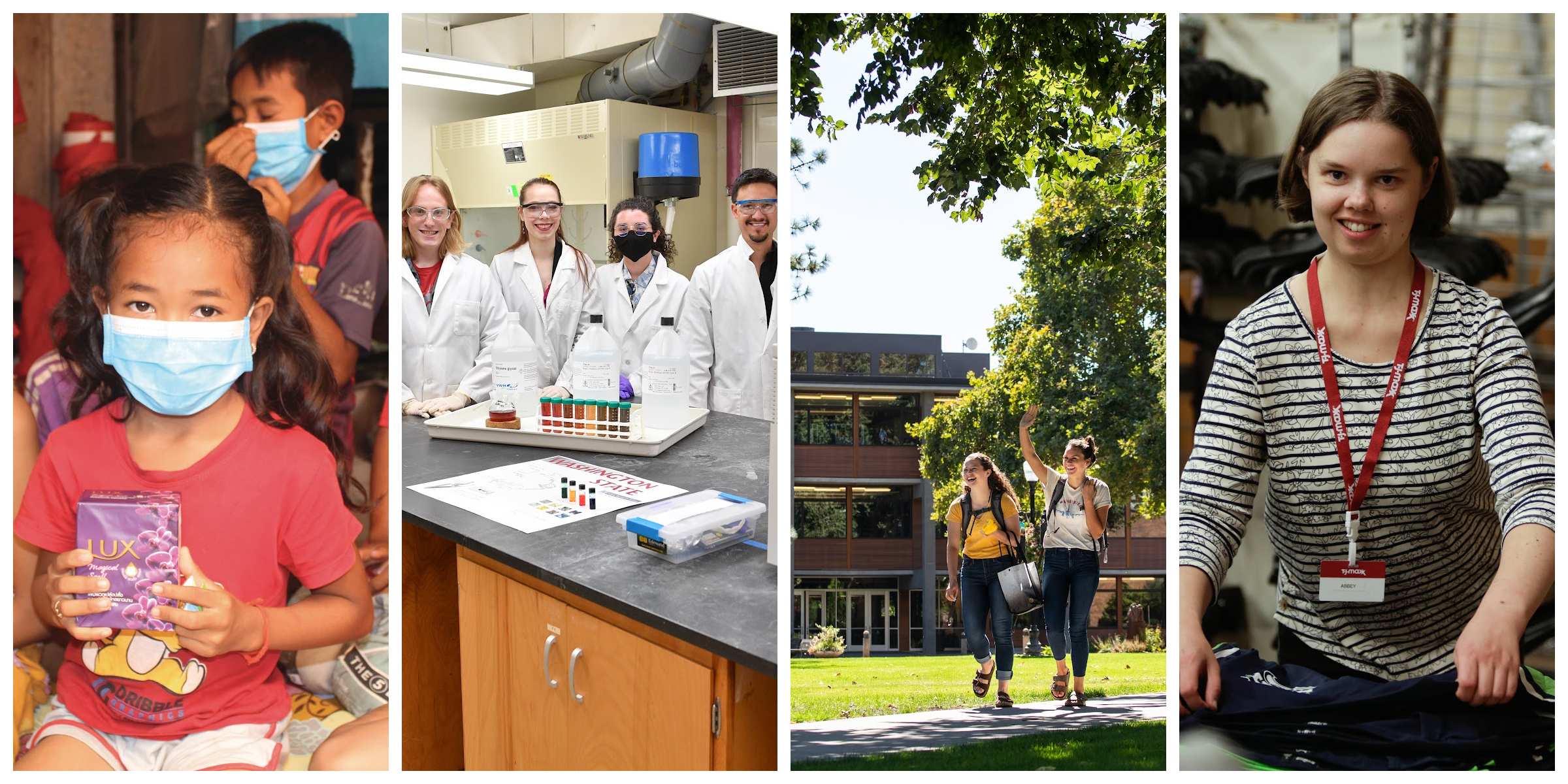 Image 1: a young child wearing a mask holds a small purple box. Image 2: four scientists wearing white lab coats smile for the camera inside a lab. Image 3: two female college students wave to someone while walking across campus. Image 4: a young woman wearing a striped shirt smiles for the camera while folding a shirt.  