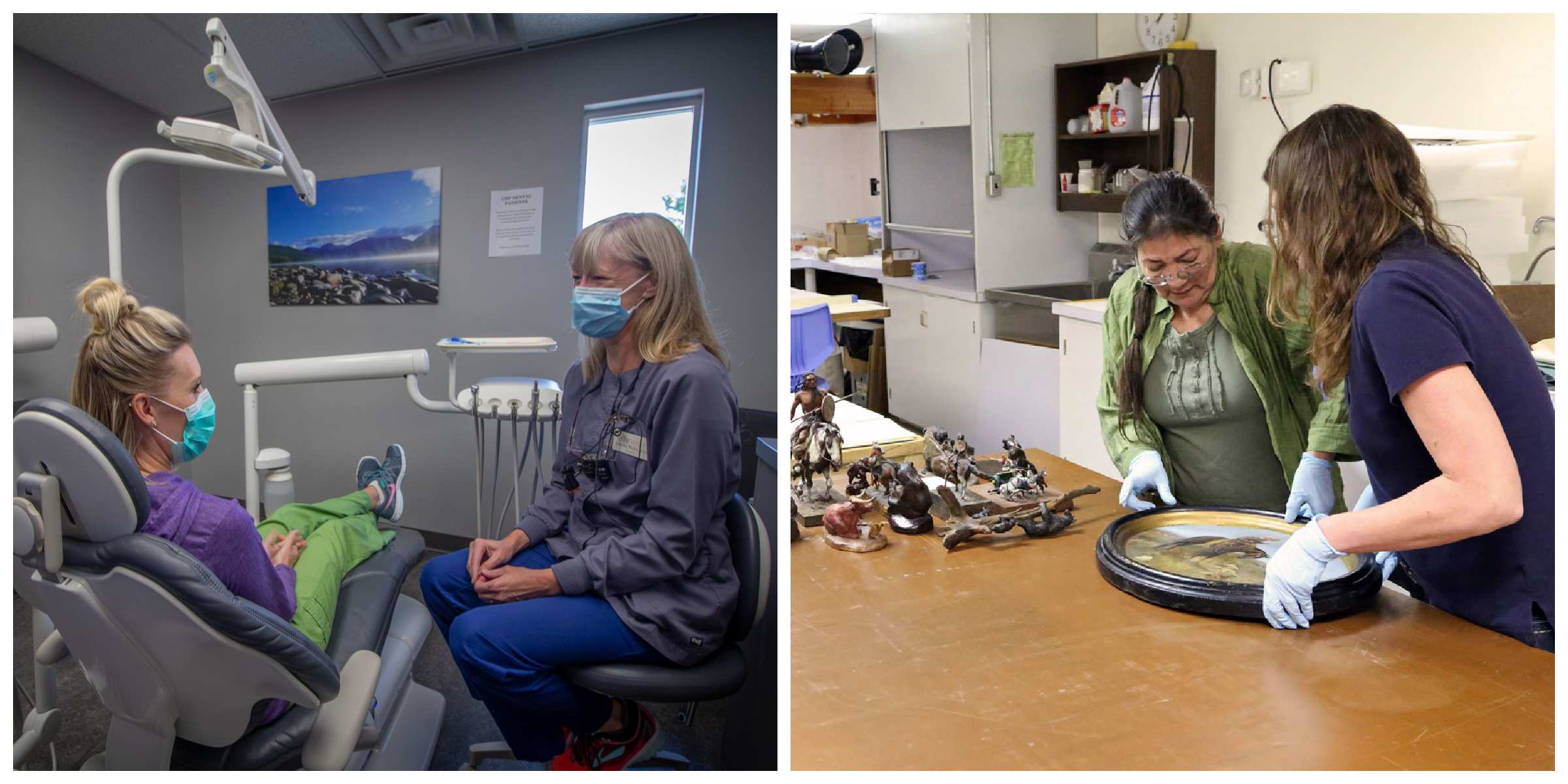 Image 1: a woman and a dental hygienist at the dentist. Image 2: two women work together to frame a painting. 