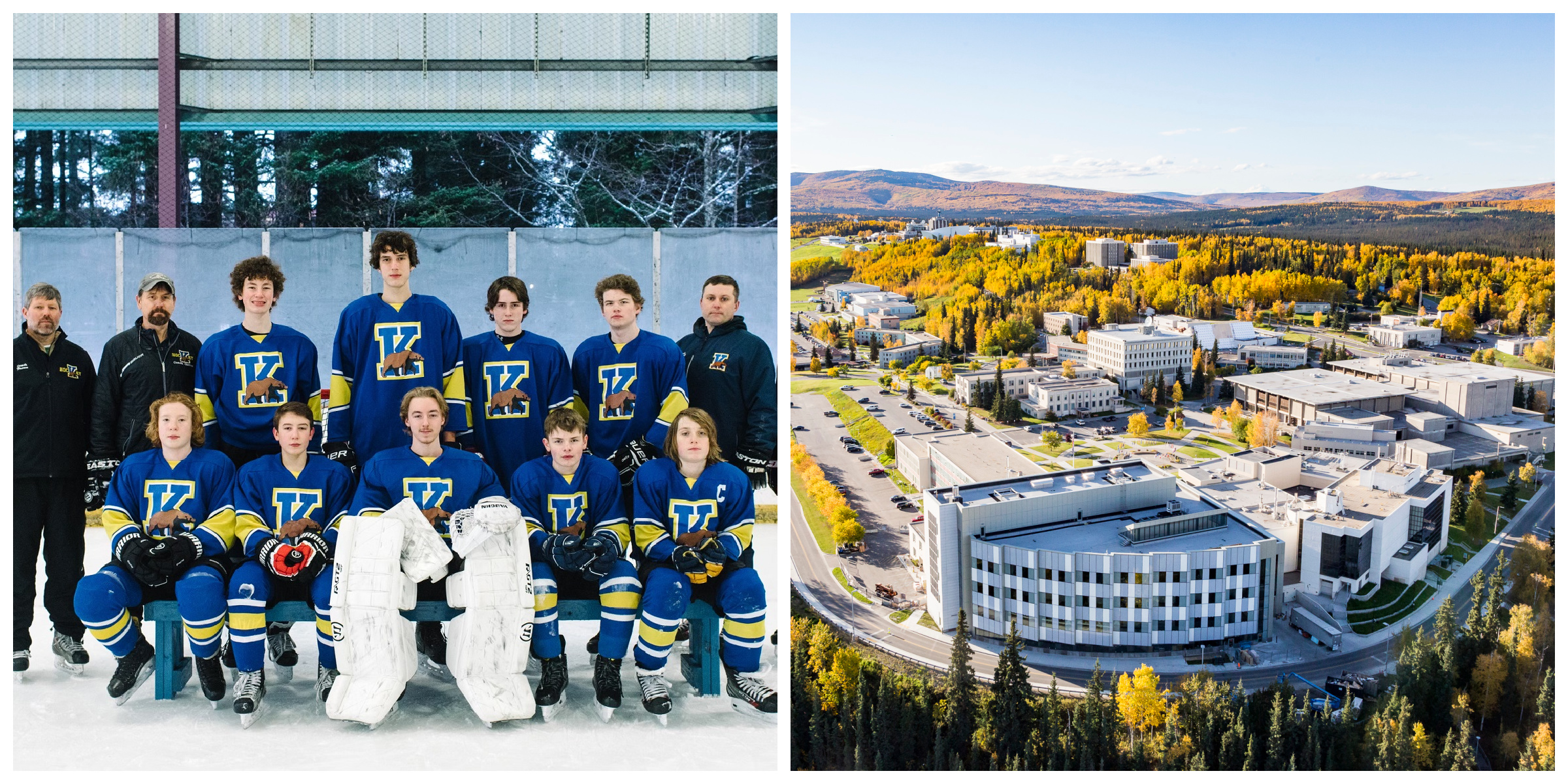 Image 1: a hockey team poses for the camera inside a hockey rink. Image 2: an aerial shot of new facilities at the University of Alaska Fairbanks. 