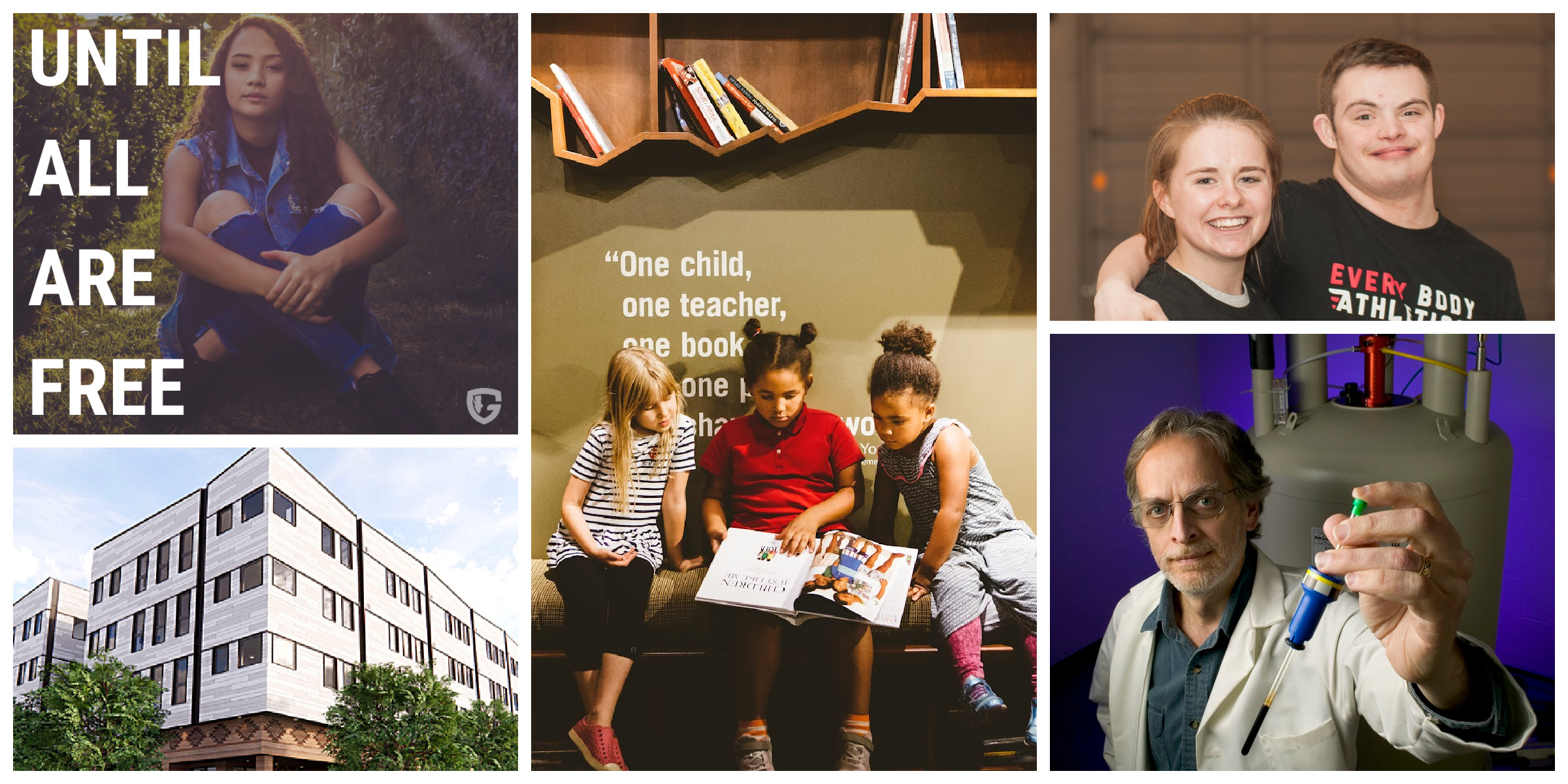 Image 1: a young girl sits cross-legged on grass, behind a text overlay that says "Until All Are Free." Image 2: an outdoor photo of the corner of a white building. Image 3: Three children sit on a bench reading a book together. Image 4: a young woman smiles next to a young man wearing a black shirt that says "Every Body Athletics." Image 5: A man wearing a white lab coat holds up a syringe for the camera. 
