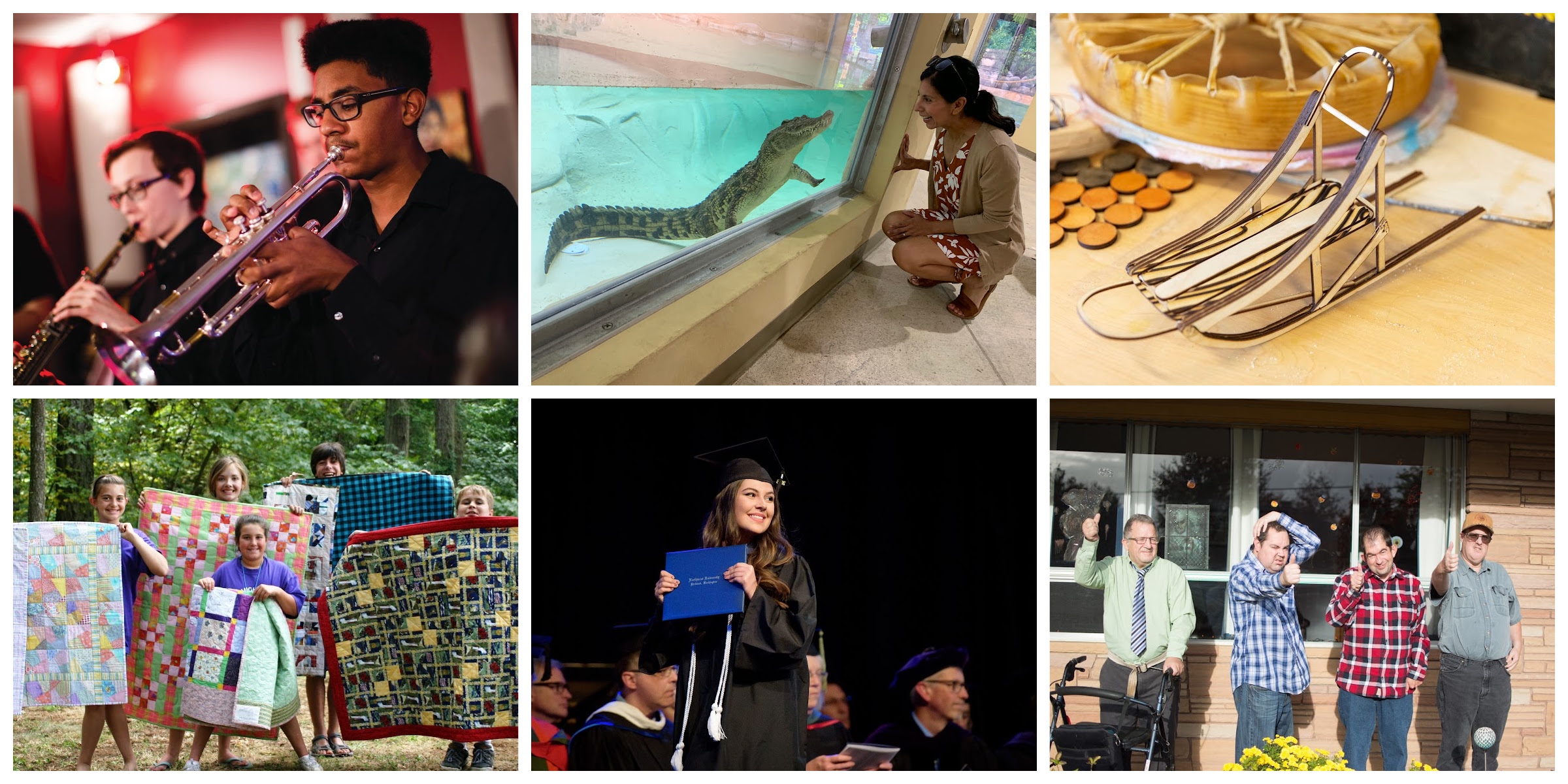 A collage of Fall 2022 Murdock Trust grantees; photos include two individuals playing trumpet, a woman looking at an alligator through a tank, a small machine, a group of students holding quilts, a woman wearing cap and gown receiving her degree, and a group of men outside posing for the camera.