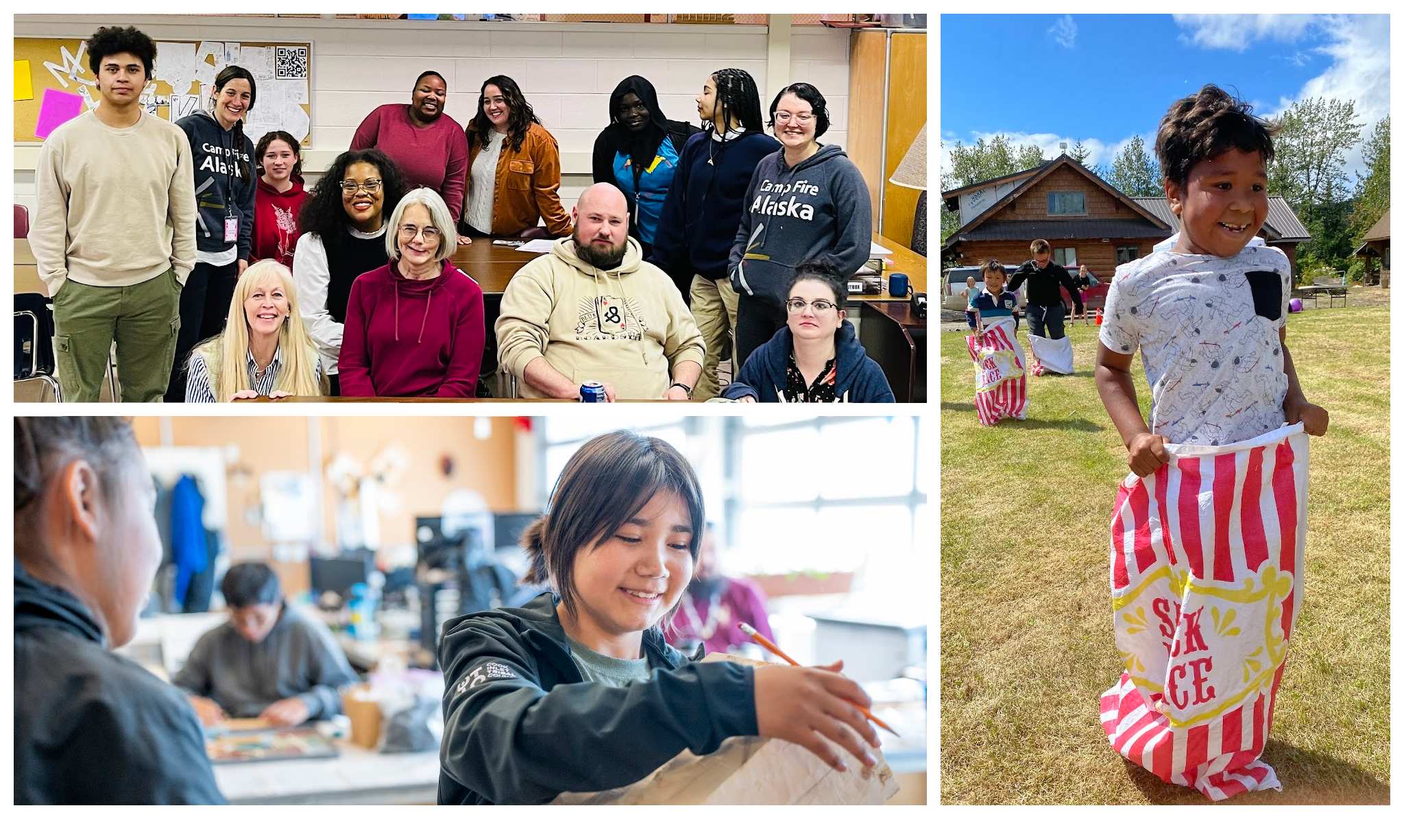 A collage of photos from Alaska nonprofits that received grants from the Murdock Trust in Fall 2022; photos include a group of people inside, a young girl smiling as she decorates a box, and a young child in a sack race. 