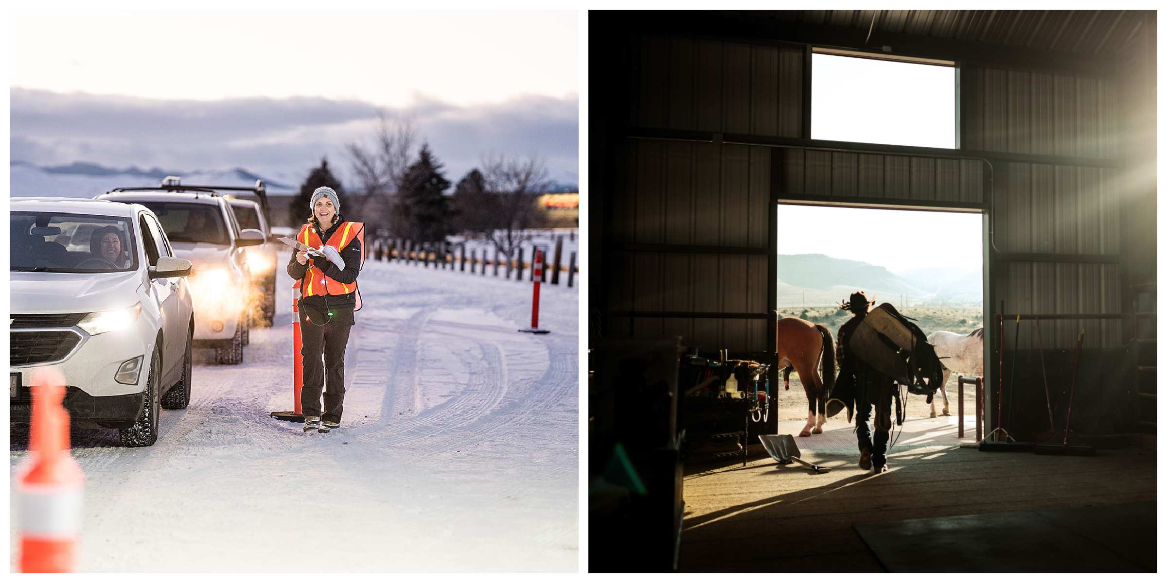 A collage of photos from Fall 2022 Murdock Trust grantees in Montana, including a photo of a woman wearing reflective gear outside near cars and a man carrying saddles out of a barn to some horses. 