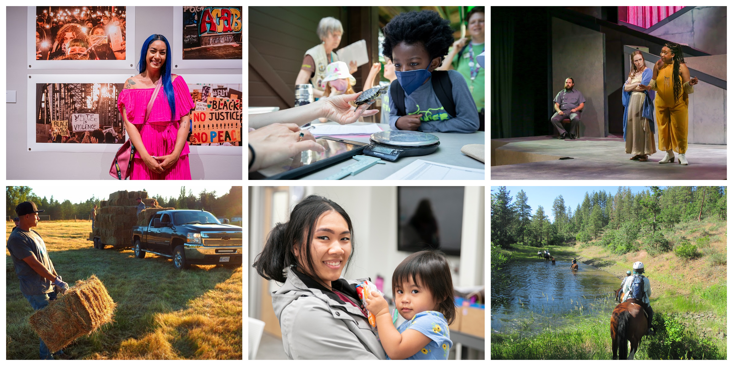 A collage of photos from nonprofits that received grants from the Murdock Trust in Fall 2022; photos include a woman standing in front of art, a young child learning science, two girls acting on stage, a man loading a bale of hay onto a truck, a mom and her daughter, and a person riding a horse outside.
