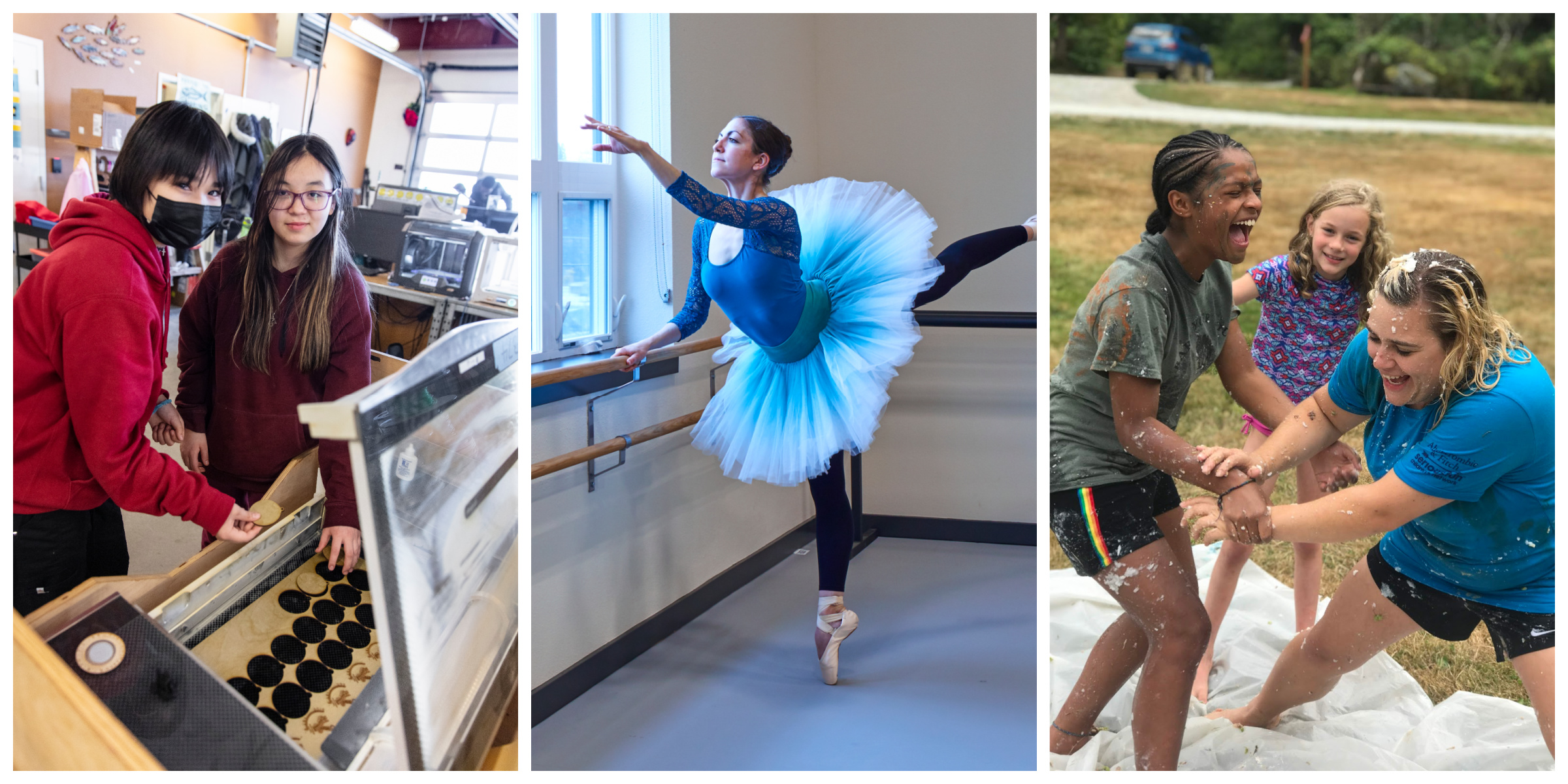 A collage of three grantee photos; two young people in a FabLab on the left; a ballerina in a studio in the middle; three girls playing at camp on the right.