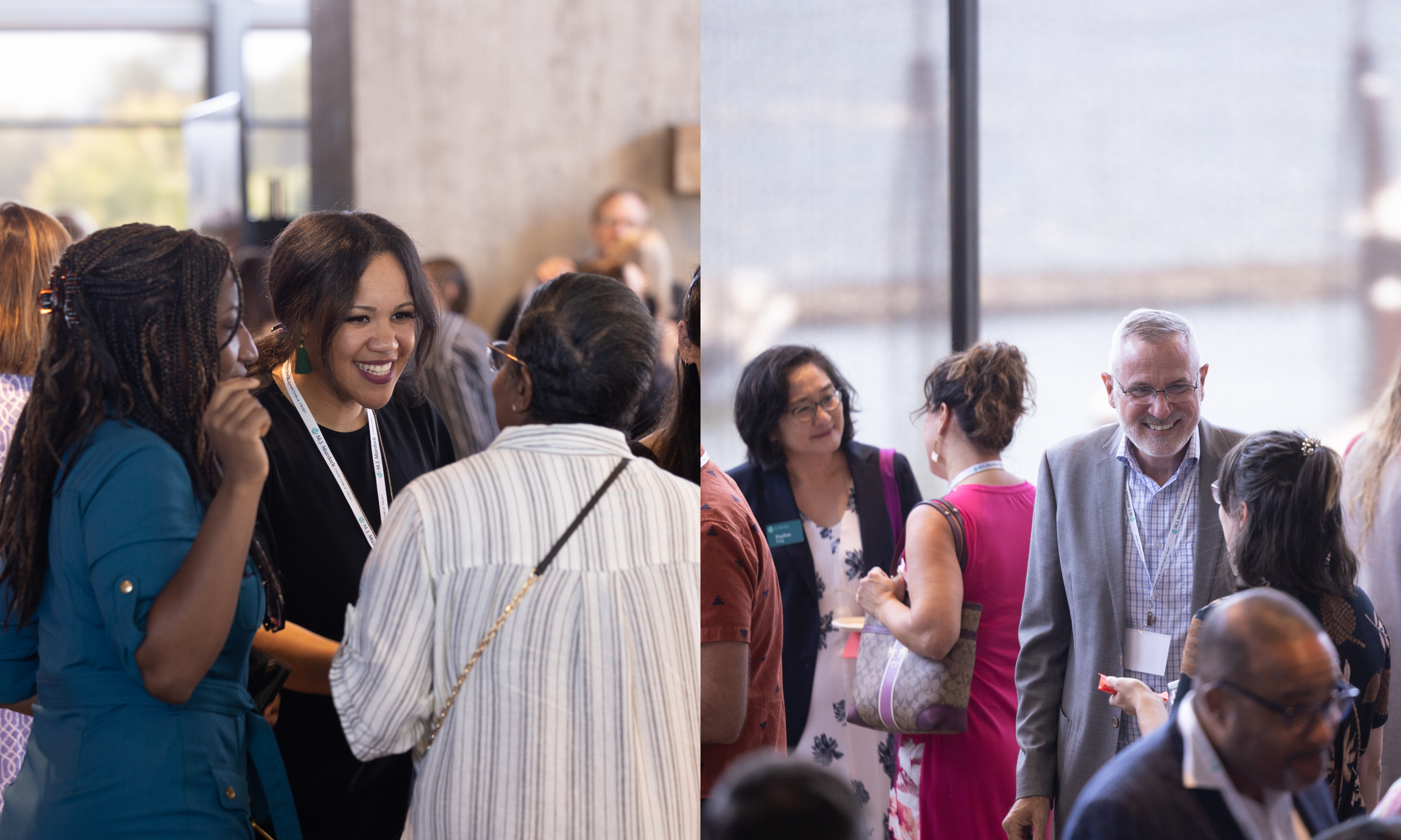 A collage of two photos; on the left, three women have a conversation at the Founder's Day event; on the right, a man smiles at a woman in conversation with two people in the background