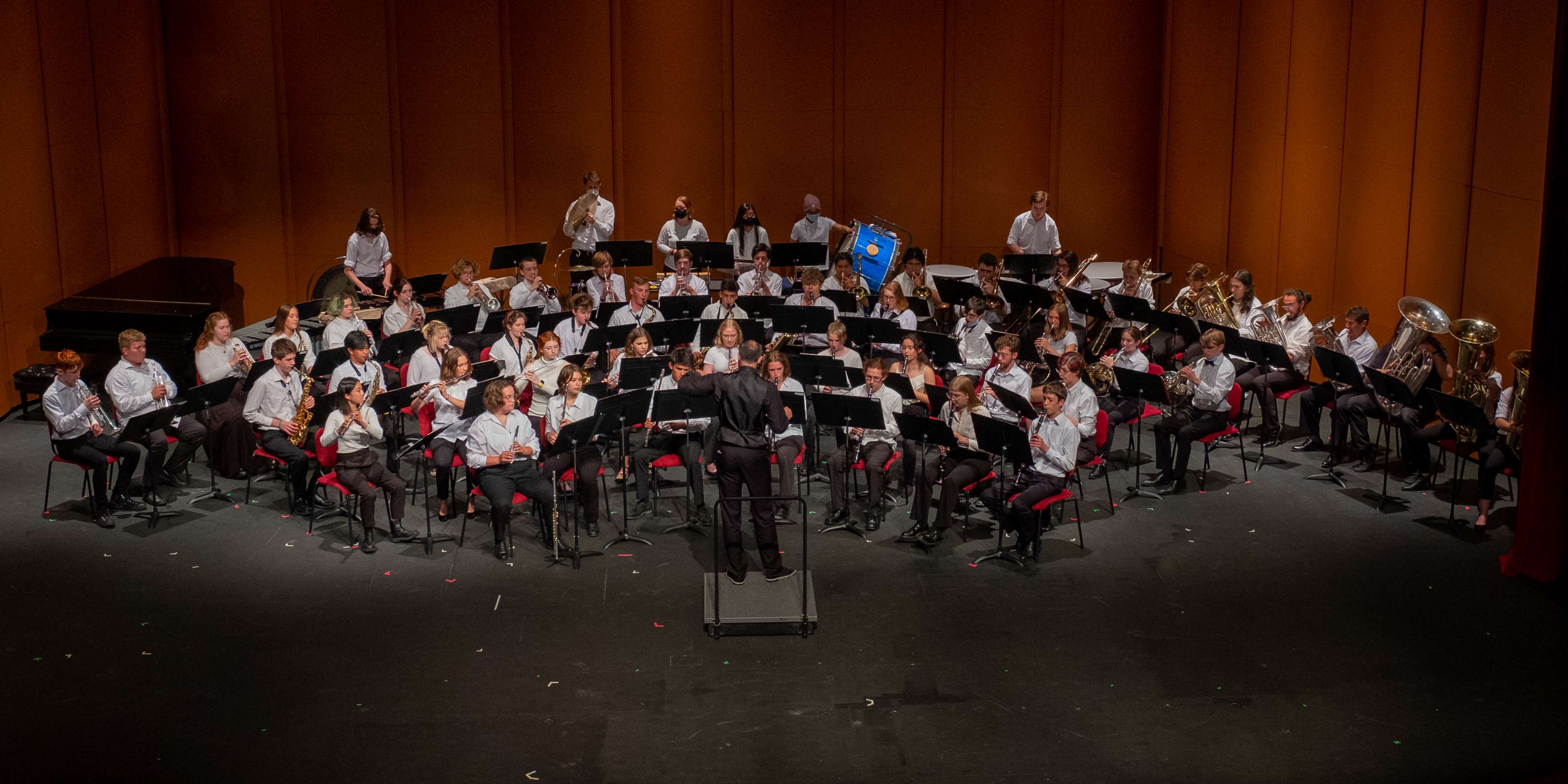 An overhead shot of an orchestra performing at the Sitka Fine Arts Camp