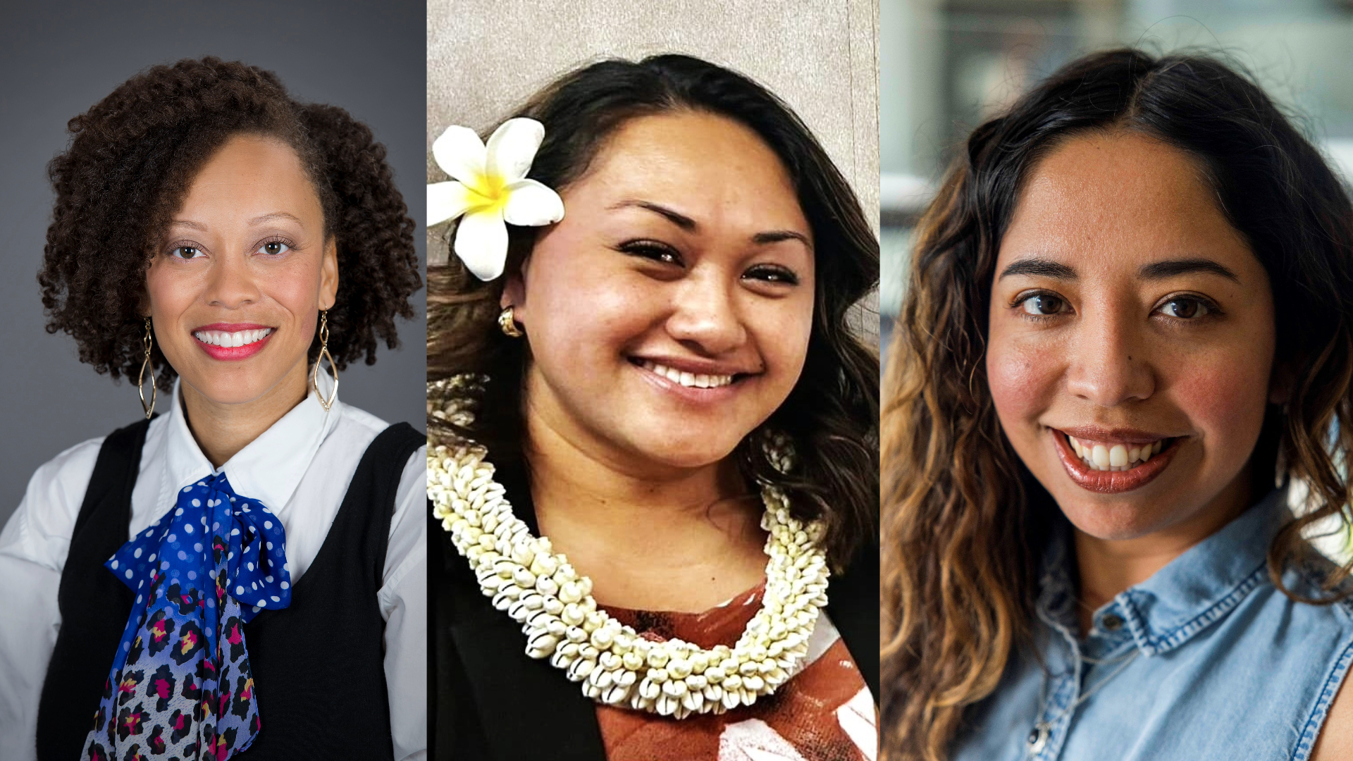 A collage of three panelists for a Mental Health and Cultural Differences webinar; on the left, a woman with black curly hair wearing pink lipstick and a blue tie; in the middle, a woman with dark hair wearing a lei and a flower in her hair; on the right, a woman with long brown hair wearing a denim shirt. 