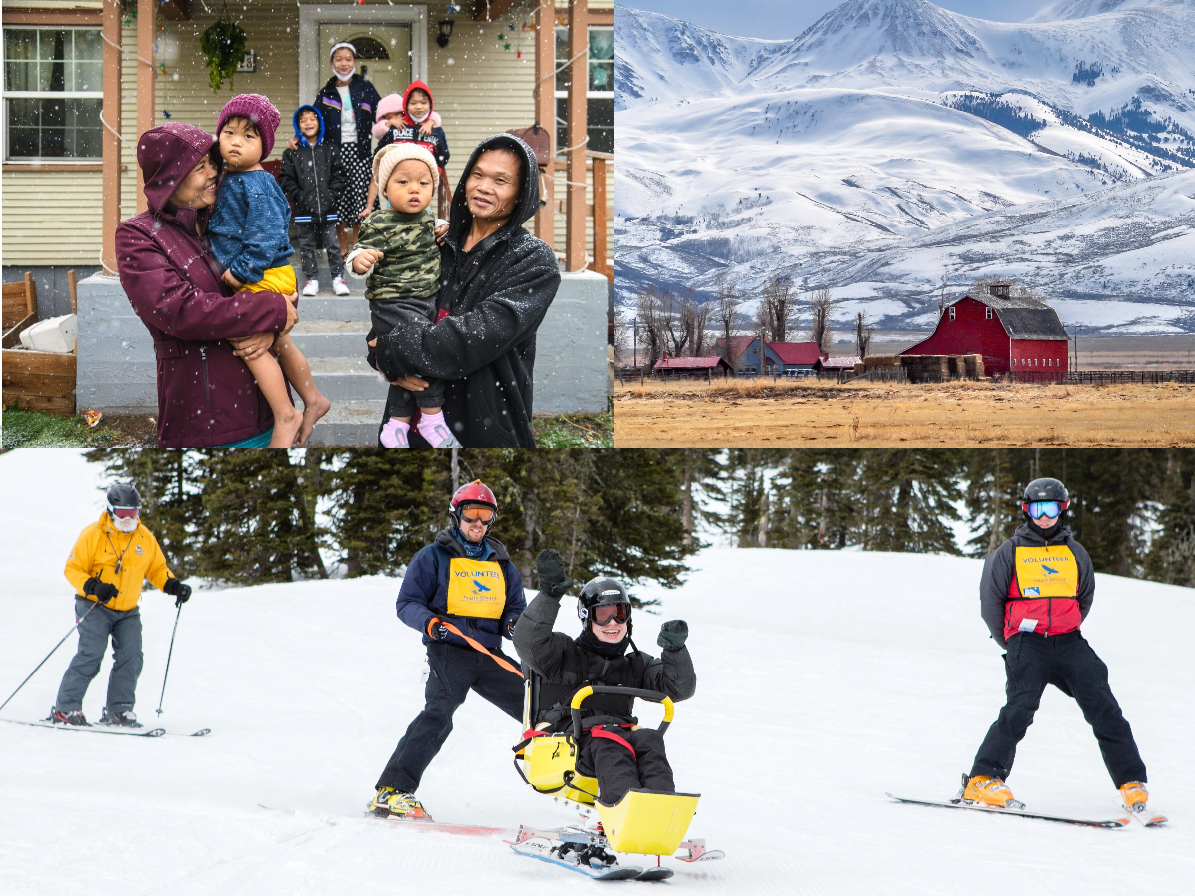 A collage of three photos. Top left is a group of individuals holding children in the snow; top right is a red barn and farm setting with a snowy mountain backdrop; bottom is a group of people doing assisted skiing in the snow