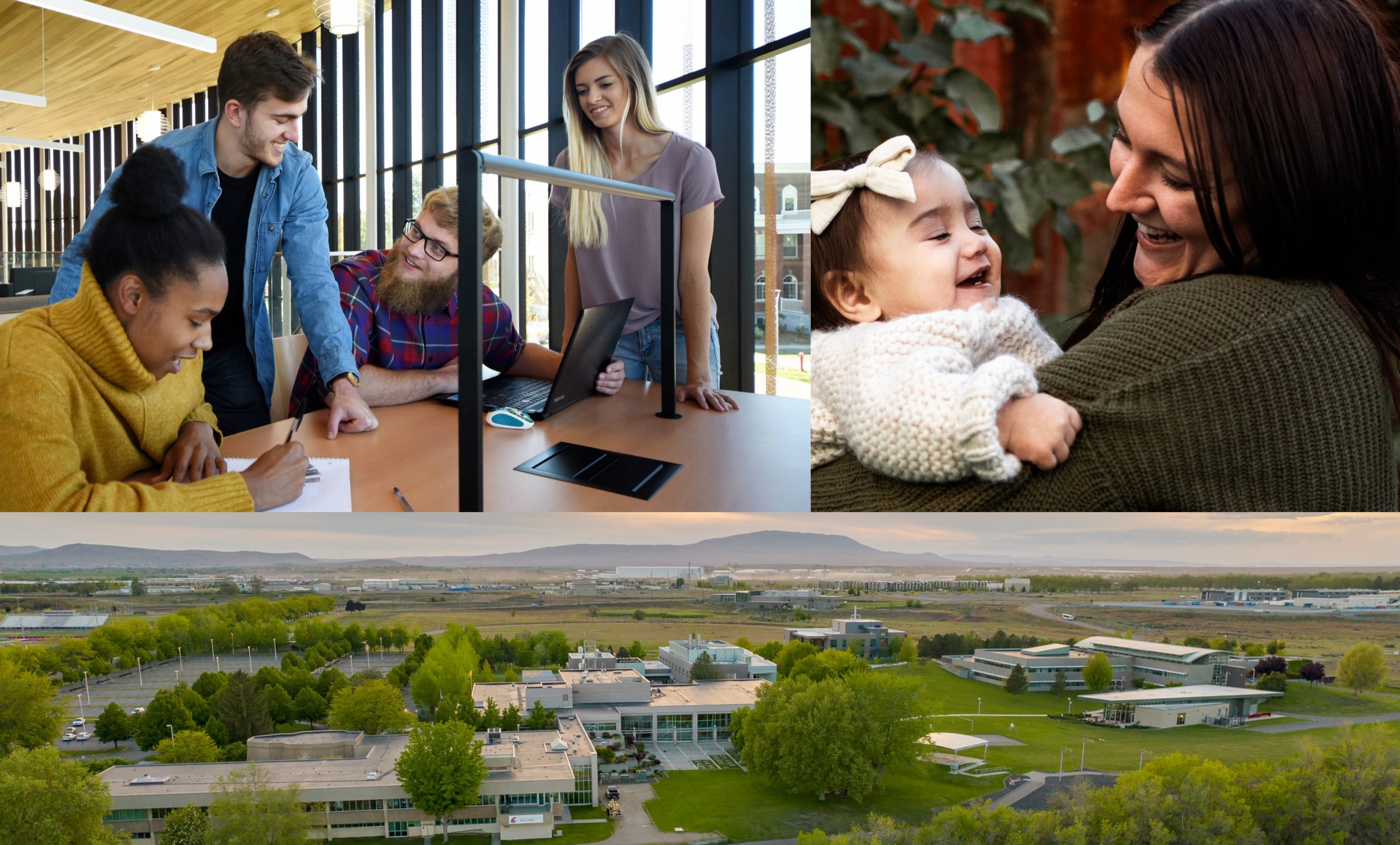 A collage of three photos. The top left is a group of four college students around a library table; the top right is a mother holding her young daughter in her arms and smiling; the bottom is an ariel photo of a college campus