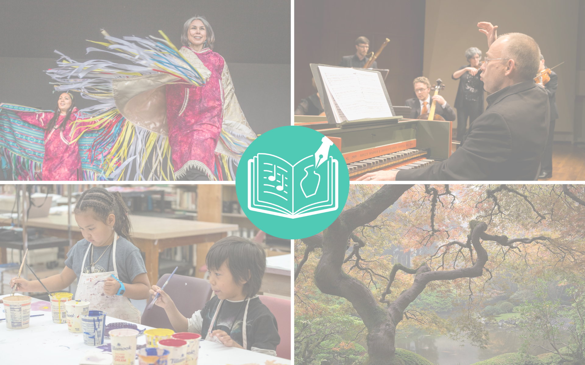 Top right: two female dancers at an Alaskan Fair; Top left: male piano player with other string musicians in the room; Bottom left: two children painting; Bottom right: Japanese tree in Japanese garden