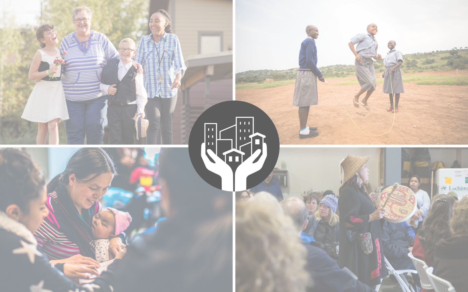 Top left: Adult woman walking with three smiling kids; Top right: three kids jumping rope; Bottom left: mother holding small sleeping infant; Bottom right: Alaskan woman singing during a ceremony for a homeless housing facility