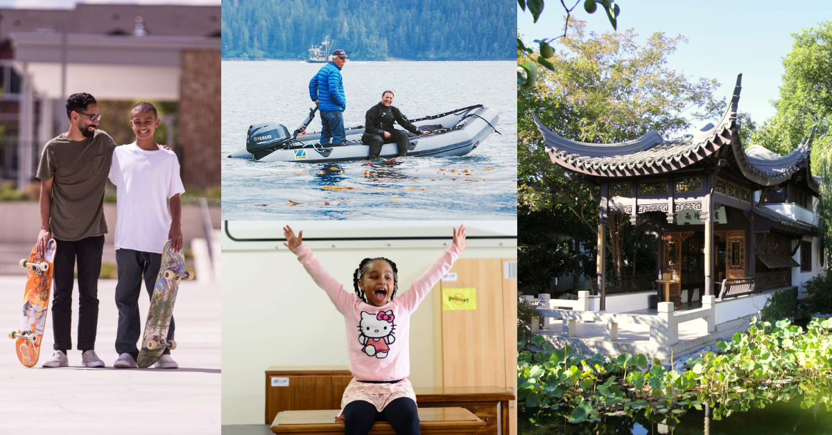 Left: Man and young boy smiling and holding skateboards; Top Middle: Man and woman on an inflatable boat on the water; Bottom middle: young girl sitting down with a big smile and both hands in the air; Right: Chinese garden