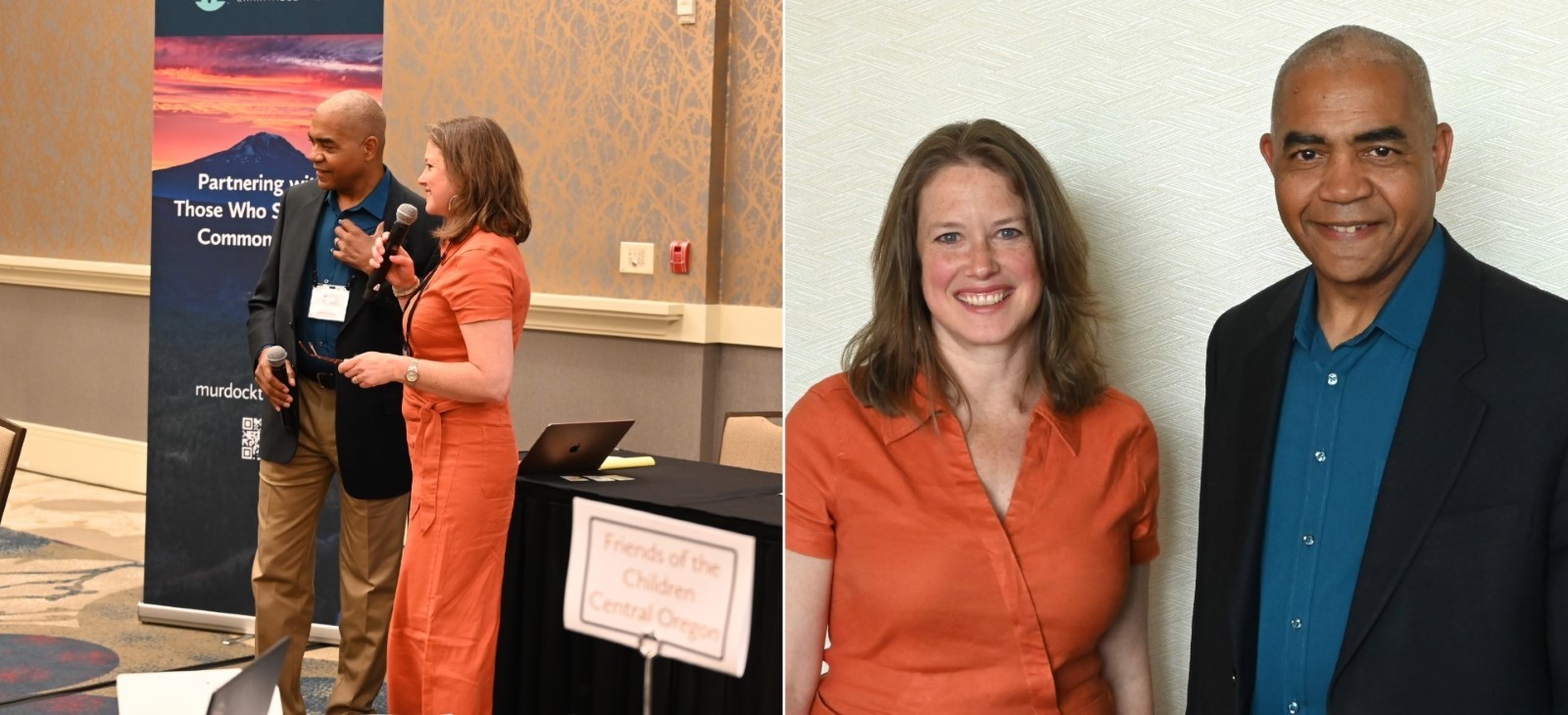 Left: Man and woman speaking into a microphone at a conference/program; Right: Medium close up shot of smiling man and woman standing against blank wall