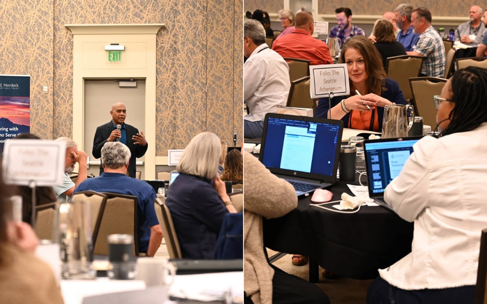 Left: Man speaking in a room full of conference/program attendees; Right: Woman sitting a table diligently listening