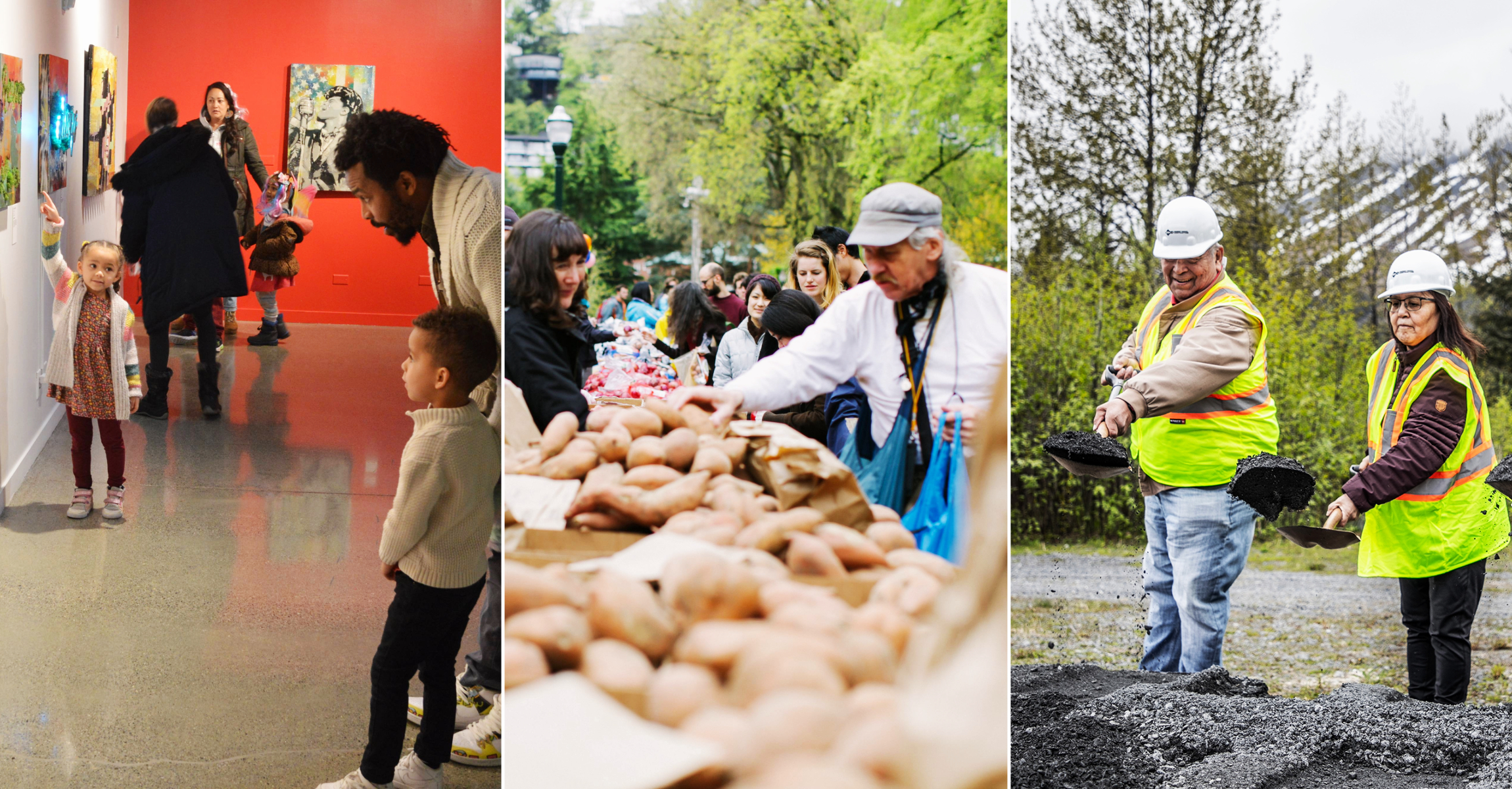 Collage of three images; left: child and parent in museum; middle: produce on table outdoors with people on either side; right: two people shoveling direct