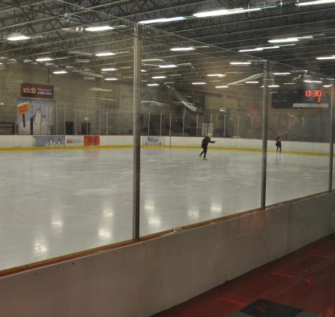 An ice rink with one skater on it.