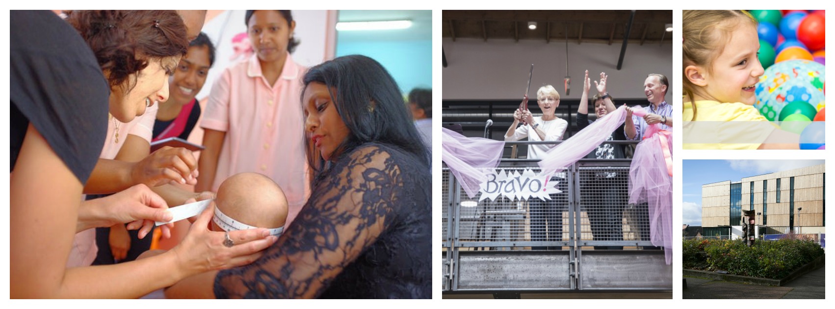 Image 1: a woman holds a baby while another woman measures the baby's head. Image 2: three people cheer behind a sign that says "Bravo!"  Image 3: a young girl wearing a yellow t-shirt in a bouncehouse. Image 4: an outdoor shot of a new facility.