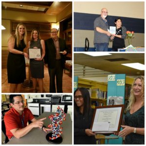 Image 1: three adults pose in a room while one of them holds a certificate. Image 2: a man in a red shirt wearing glasses points at a model of DNA on a table. Image 3: a man and a woman pose for a picture while holding a certificate. Image 4: two women pose for a picture while holding a certificate.