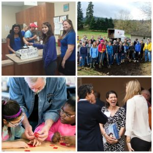 Image 1: three people wearing blue shirts smile for the camera with a sign in between them. Image 2: a man with white hair helps two young girls with a craft. Image 3: a large group of people smiles for the camera outside. Image 4: a woman wearing a black and white dress laughs while talking to a woman and a man inside.