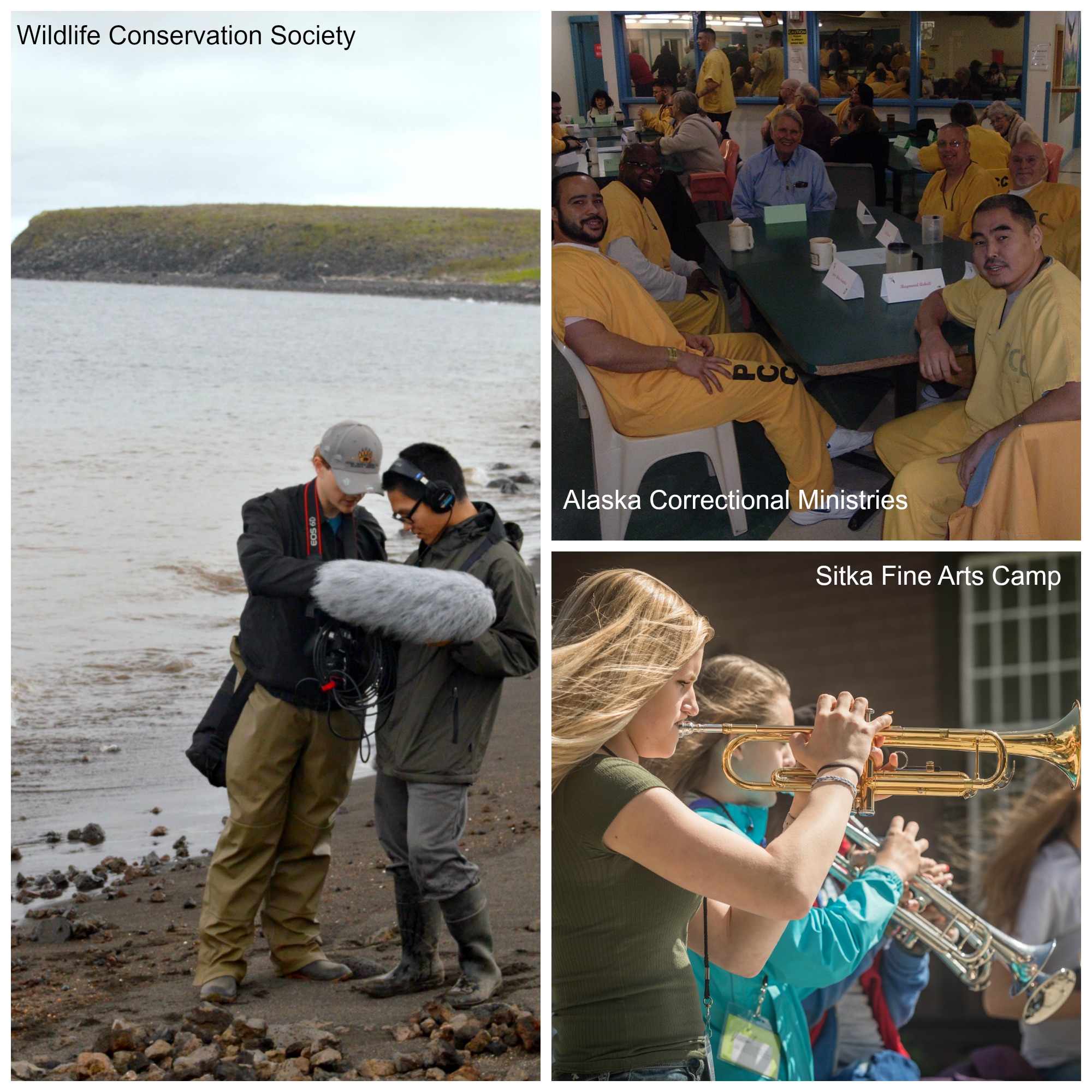 Image 1: two members of a film crew stand on the shore of water looking at their equipment. Text overlay says "Wildlife Conservation Society. Image 2: a group of men, most of them wearing yellow jumpsuits, sit around a table inside a room. Text overlay says "Alaska Correctional Ministries." Image 3: a lineup of young musicians play their instruments outside. Text overlay says "Sitka Fine Arts Camp."