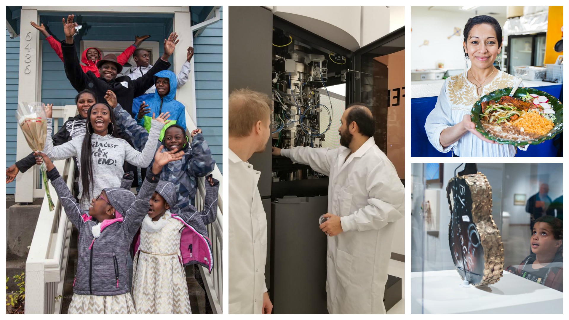 Image 1: a group of children and adults celebrate for the camera while standing on a front porch. Image 2: two men wearing white lab coats look at a piece of equipment inside a lab. Image 3: a woman with dark hair wearing a white blouse smiles while holding a large plate of food. Image 4: a young boy looks at a museum exhibit of a gold-studded guitar.