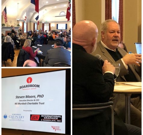 Image 1: a room filled with round tables and people chatting. Image 2: a sign announcing Steve Moore as speaker. Image 3: a man wearing a gray suit chats with another man while sitting at a table.