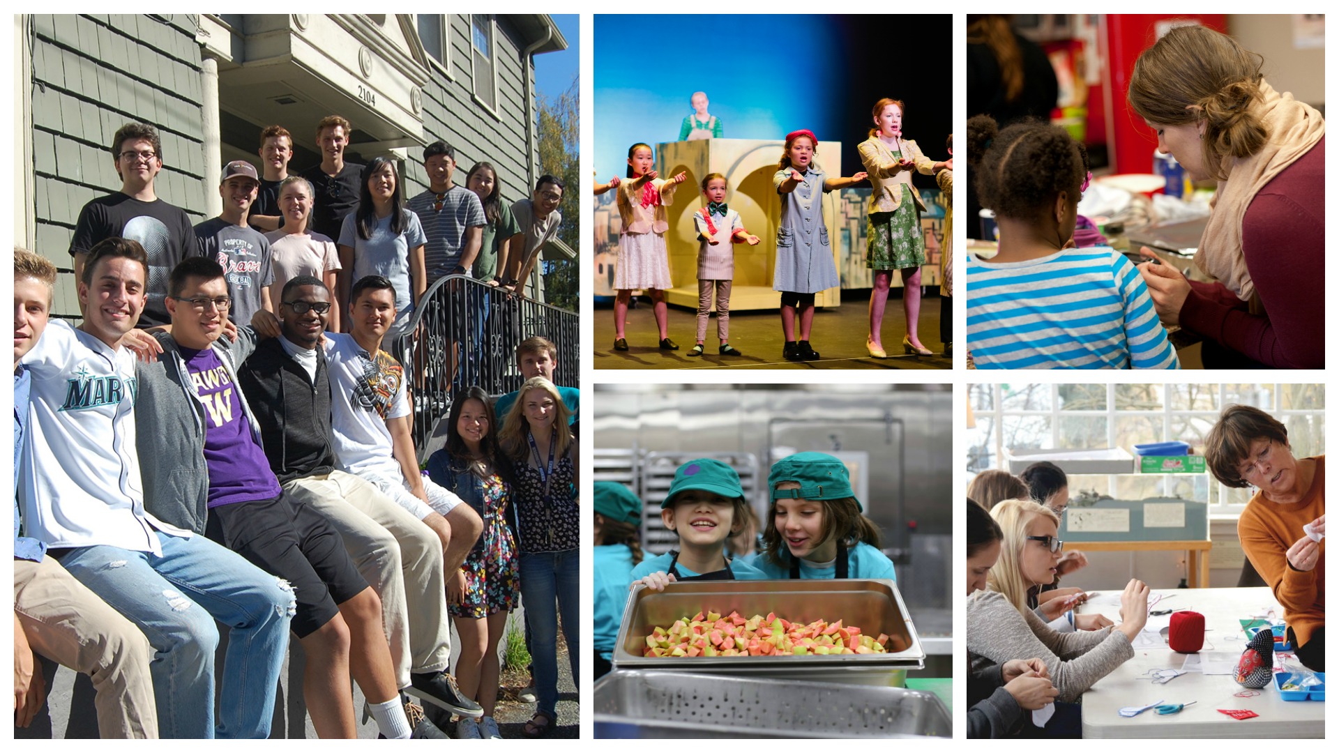 Image 1: a group of young adults in front of a house smile for the camera. Image 2: five young girls perform on stage. Image 3: two girls wearing green hats prepare food in an industrial kitchen. Image 4: a woman with straight brown hair helps a girl with dark curly hair with homework. Image 5: a group of women do crafts at a table inside a room.